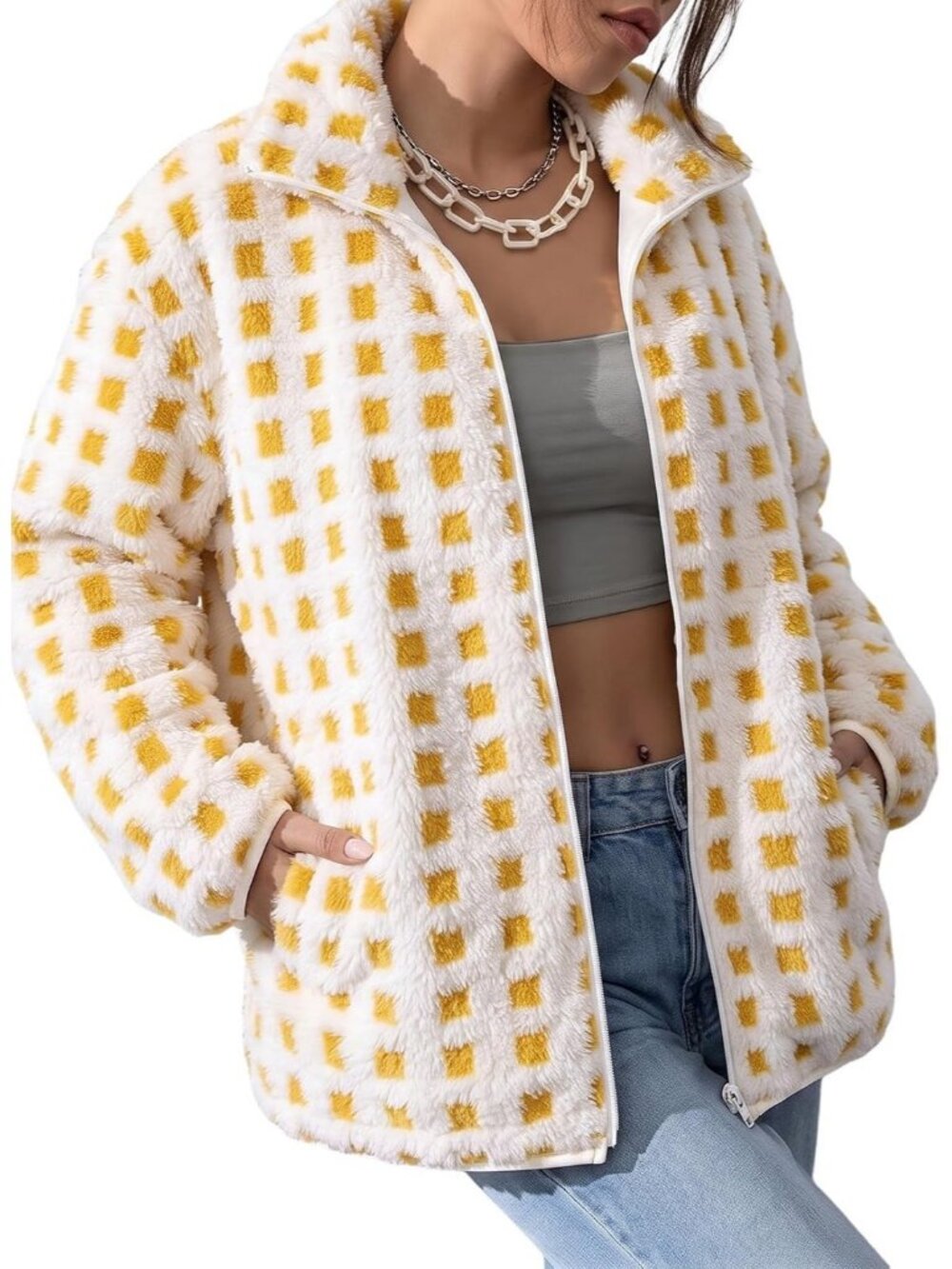 Women's Plaid Yellow Sherpa Fabric Coat Loose Fit Zipper Front Fleece Jacket